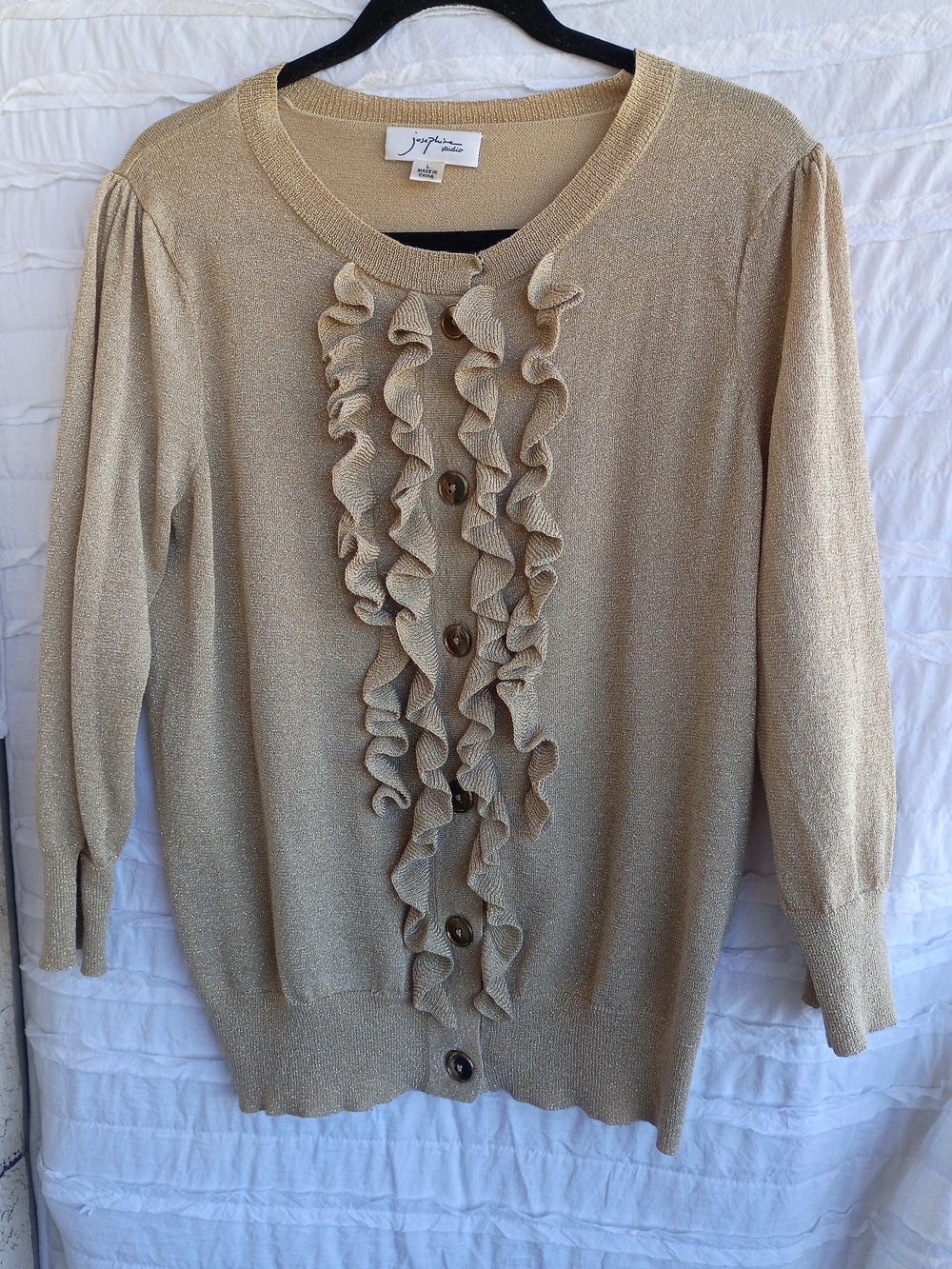 Josephine Studio Silk Blend Ruffled Metallic Cardigan Gold Size L